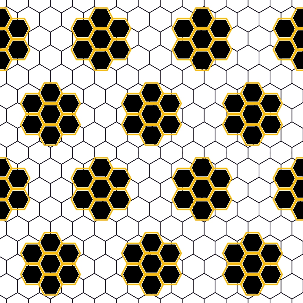 black hexagons, white hexagons, yellow borders, honeycomb pattern, geometric design, bee-inspired, hexagonal motifs,, fabric panel, repeating pattern, monochrome palette, nature-inspired, insect theme, tessellation, modern geometric, crafting material, sewing fabric, apiary motif, hive pattern, contemporary design