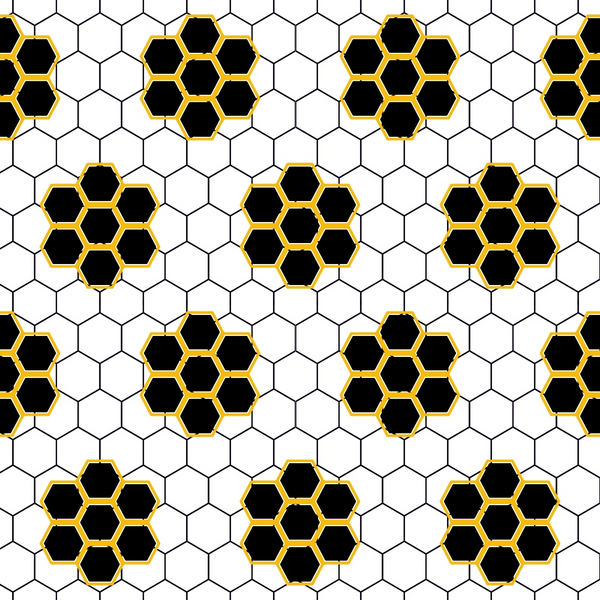 black hexagons, white hexagons, yellow borders, honeycomb pattern, geometric design, bee-inspired, hexagonal motifs,, fabric panel, repeating pattern, monochrome palette, nature-inspired, insect theme, tessellation, modern geometric, crafting material, sewing fabric, apiary motif, hive pattern, contemporary design