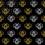black background, yellow bees, white bees, bumble bee pattern, striped wings, cute insects, alternating colors, geometric arrangement,, fabric panel, honeybee motif, nature theme, small hearts, whimsical design, repetitive pattern, bright yellow, clean white, insect illustration, crafting material