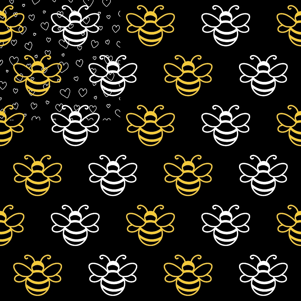 black background, yellow bees, white bees, bumble bee pattern, striped wings, cute insects, alternating colors, geometric arrangement,, fabric panel, honeybee motif, nature theme, small hearts, whimsical design, repetitive pattern, bright yellow, clean white, insect illustration, crafting material