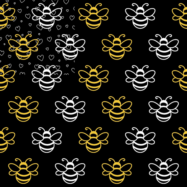 black background, yellow bees, white bees, bumble bee pattern, striped wings, cute insects, alternating colors, geometric arrangement,, fabric panel, honeybee motif, nature theme, small hearts, whimsical design, repetitive pattern, bright yellow, clean white, insect illustration, crafting material