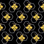 black background, yellow bees, golden yellow, hexagon pattern, honeycomb design, bee motifs, geometric shapes, striped wings, insect pattern,, fabric panel, nature theme, buzzing bees, repetitive pattern, craft fabric, sewing material, apiary design, pollinator theme, hexagonal grid