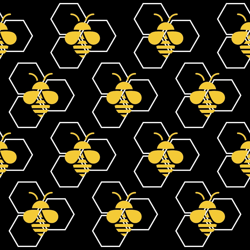 black background, yellow bees, golden yellow, hexagon pattern, honeycomb design, bee motifs, geometric shapes, striped wings, insect pattern,, fabric panel, nature theme, buzzing bees, repetitive pattern, craft fabric, sewing material, apiary design, pollinator theme, hexagonal grid