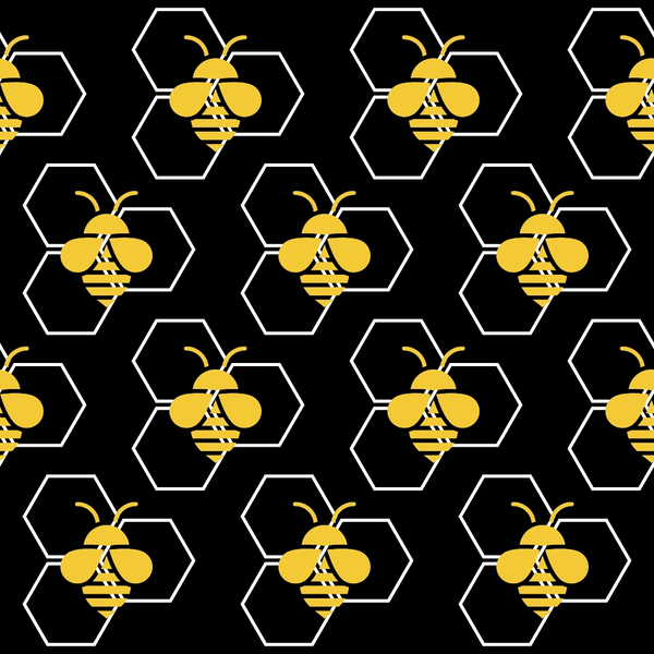 black background, yellow bees, golden yellow, hexagon pattern, honeycomb design, bee motifs, geometric shapes, striped wings, insect pattern,, fabric panel, nature theme, buzzing bees, repetitive pattern, craft fabric, sewing material, apiary design, pollinator theme, hexagonal grid