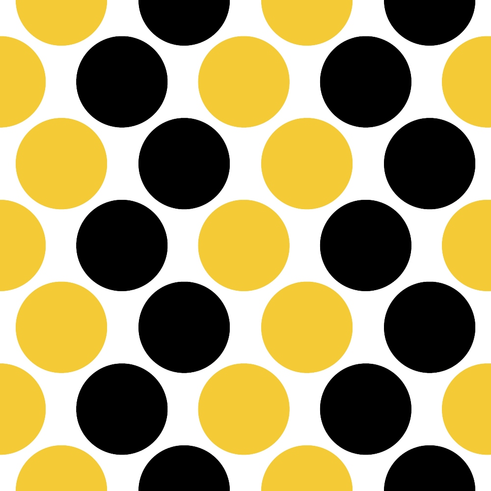 yellow, black, white, polka dots, geometric pattern, alternating circles, bright colors, modern design,, fabric panel, cheerful, vibrant, repetitive pattern, round shapes, high contrast, contemporary, craft fabric, sewing material, bumble bee colors