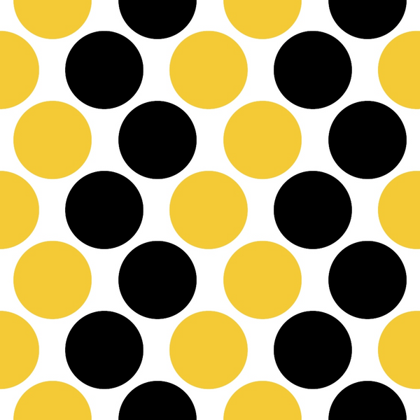 yellow, black, white, polka dots, geometric pattern, alternating circles, bright colors, modern design,, fabric panel, cheerful, vibrant, repetitive pattern, round shapes, high contrast, contemporary, craft fabric, sewing material, bumble bee colors