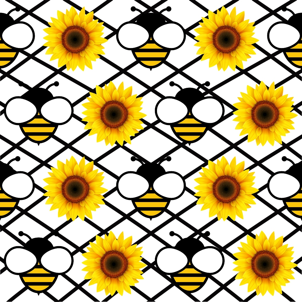 yellow, black, white, sunflowers, bumble bees, geometric pattern, diamond grid,, fabric panel, cheerful, bright, cartoon style, alternating design, floral motif, insect theme, summer vibes, repeating pattern, craft fabric, sewing material