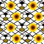 yellow, black, white, sunflowers, bumble bees, geometric pattern, diamond grid,, fabric panel, cheerful, bright, cartoon style, alternating design, floral motif, insect theme, summer vibes, repeating pattern, craft fabric, sewing material