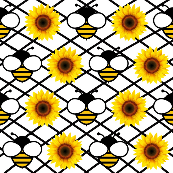 yellow, black, white, sunflowers, bumble bees, geometric pattern, diamond grid,, fabric panel, cheerful, bright, cartoon style, alternating design, floral motif, insect theme, summer vibes, repeating pattern, craft fabric, sewing material