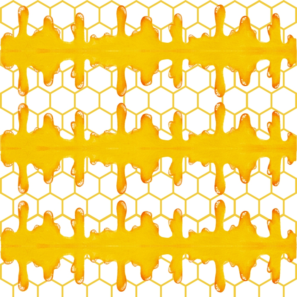 yellow, golden honey, hexagonal honeycomb, dripping honey, geometric pattern, beehive structure,, fabric panel, sweet treats, nature inspired, amber tones, sticky texture, organic shapes, repeating motif, craft material, sewing fabric, buzzing theme, natural elements, flowing drips