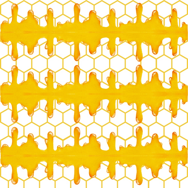 yellow, golden honey, hexagonal honeycomb, dripping honey, geometric pattern, beehive structure,, fabric panel, sweet treats, nature inspired, amber tones, sticky texture, organic shapes, repeating motif, craft material, sewing fabric, buzzing theme, natural elements, flowing drips