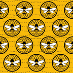 yellow, golden yellow, amber, black, white, honeycomb pattern, hexagonal cells, bee motif, bumble bees, circular medallions, geometric design, repeating pattern, nature inspired, insect theme,, fabric panel, spring theme, cheerful mood, bright colors, stylized illustration