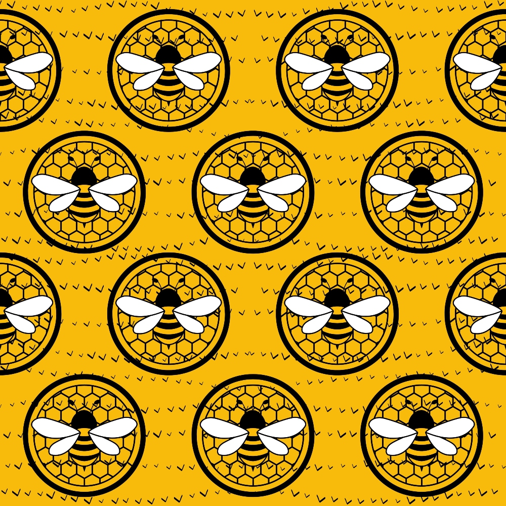 yellow, golden yellow, amber, black, white, honeycomb pattern, hexagonal cells, bee motif, bumble bees, circular medallions, geometric design, repeating pattern, nature inspired, insect theme,, fabric panel, spring theme, cheerful mood, bright colors, stylized illustration