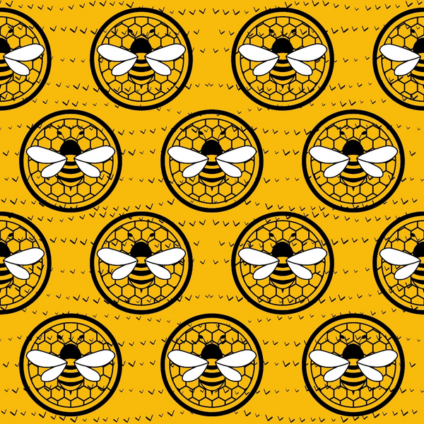 yellow, golden yellow, amber, black, white, honeycomb pattern, hexagonal cells, bee motif, bumble bees, circular medallions, geometric design, repeating pattern, nature inspired, insect theme,, fabric panel, spring theme, cheerful mood, bright colors, stylized illustration