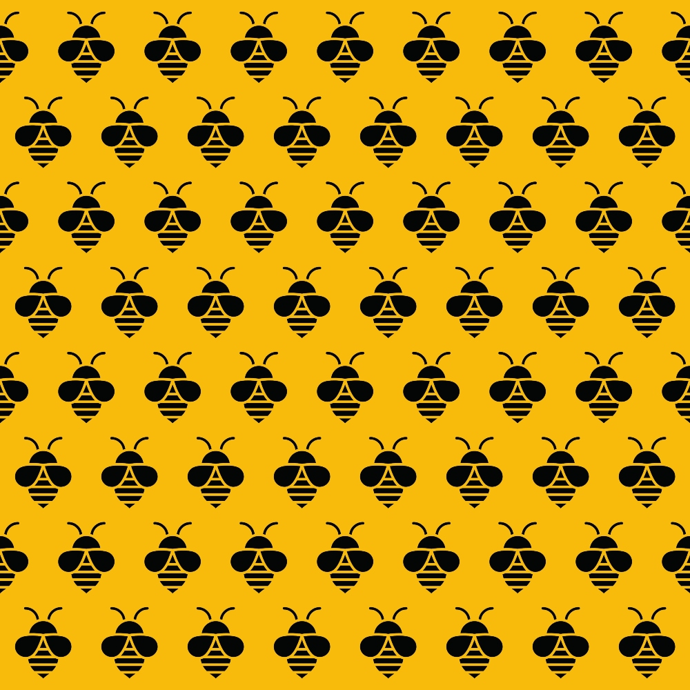 golden yellow, black, bumble bees, geometric bees, repeating pattern, insect motif, hexagonal shapes, striped wings, antennae,, fabric panel, nature theme, spring theme, honeybee design, uniform pattern, bright colors, crafting fabric, sewing material