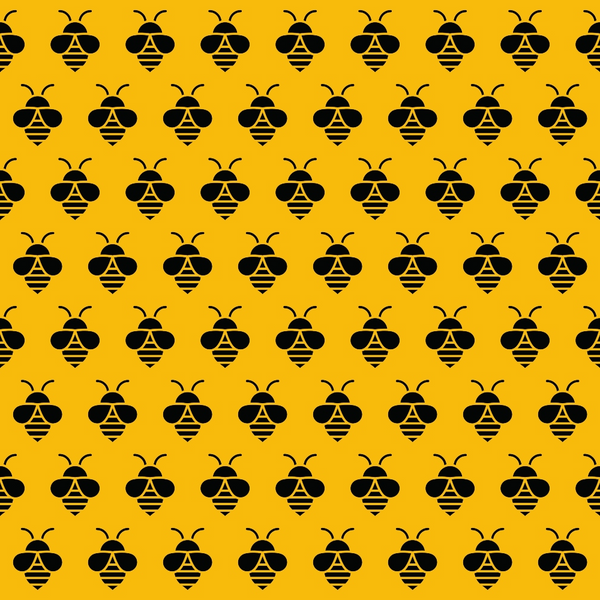 golden yellow, black, bumble bees, geometric bees, repeating pattern, insect motif, hexagonal shapes, striped wings, antennae,, fabric panel, nature theme, spring theme, honeybee design, uniform pattern, bright colors, crafting fabric, sewing material