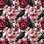 burgundy, maroon, deep red, pink, blush, cream, black ravens, crows, birds, peonies, roses, floral pattern, gothic style, dark romantic, moody aesthetic,, fabric panel, autumn theme, october motif, repeating pattern, watercolor style, botanical design
