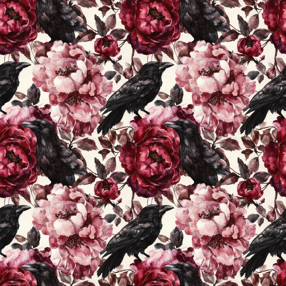 burgundy, maroon, deep red, pink, blush, cream, black ravens, crows, birds, peonies, roses, floral pattern, gothic style, dark romantic, moody aesthetic,, fabric panel, autumn theme, october motif, repeating pattern, watercolor style, botanical design