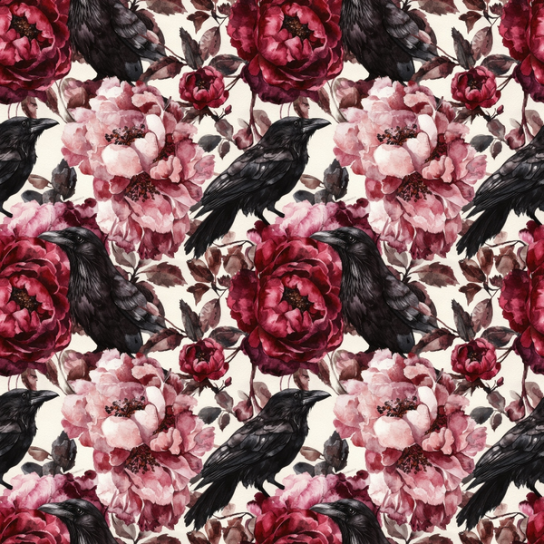 burgundy, maroon, deep red, pink, blush, cream, black ravens, crows, birds, peonies, roses, floral pattern, gothic style, dark romantic, moody aesthetic,, fabric panel, autumn theme, october motif, repeating pattern, watercolor style, botanical design