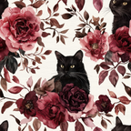 burgundy, maroon, pink, cream, black cats, floral pattern, roses, peonies, leaves, branches, watercolor style, autumn colors,, fabric panel, botanical design, feline motif, romantic florals, october theme, moody atmosphere, vintage inspired