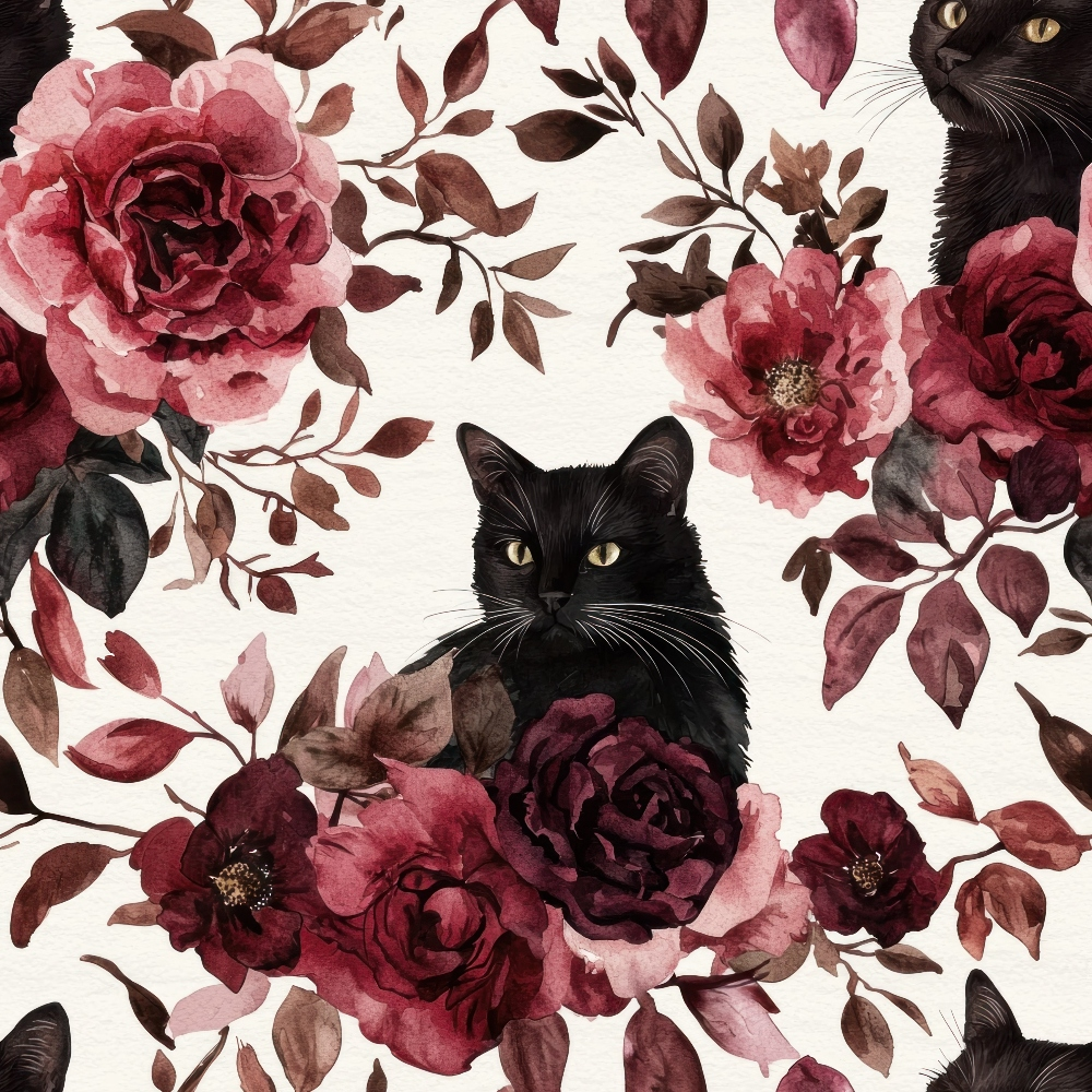 burgundy, maroon, pink, cream, black cats, floral pattern, roses, peonies, leaves, branches, watercolor style, autumn colors,, fabric panel, botanical design, feline motif, romantic florals, october theme, moody atmosphere, vintage inspired