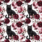 Pattern of black cats sitting among red and pink roses with leaves.