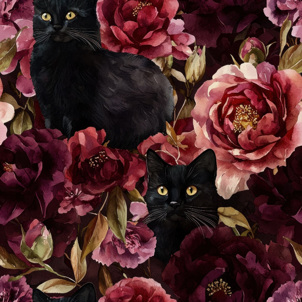 burgundy, deep red, maroon, pink, coral, black cats, golden eyes, peonies, floral pattern, autumn flowers, moody botanical, dark background,, fabric panel, october theme, fall colors, romantic florals, gothic floral, watercolor style, vintage roses