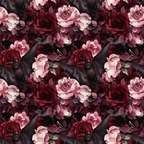 burgundy, deep red, pink roses, dark purple, mauve, black leaves, floral pattern, autumn colors, vintage roses, moody florals, repeating design,, fabric panel, october theme, romantic flowers, gothic floral, watercolor style, layered petals, botanical print, fall season