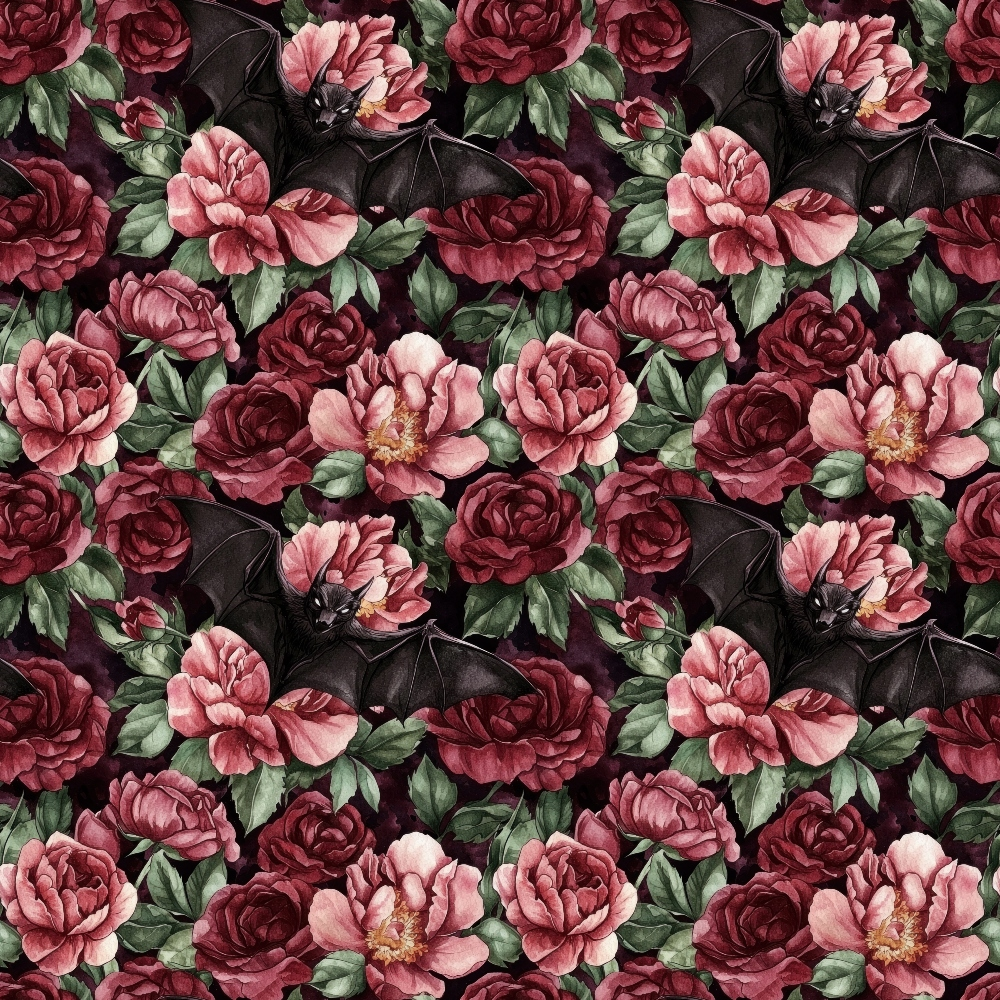 burgundy, pink, coral, deep red, maroon, green leaves, dark background, floral pattern, roses, peonies, blooming flowers, moody florals, gothic floral, autumn colors, october theme,, fabric panel, botanical design, layered petals, rich tones
