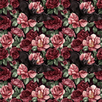 burgundy, pink, coral, deep red, maroon, green leaves, dark background, floral pattern, roses, peonies, blooming flowers, moody florals, gothic floral, autumn colors, october theme,, fabric panel, botanical design, layered petals, rich tones