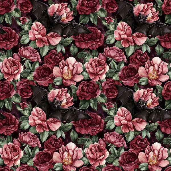 burgundy, pink, coral, deep red, maroon, green leaves, dark background, floral pattern, roses, peonies, blooming flowers, moody florals, gothic floral, autumn colors, october theme,, fabric panel, botanical design, layered petals, rich tones