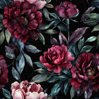 burgundy, deep red, mauve, pink, teal, dark green, purple, black background, peonies, floral pattern, botanical design, layered petals, moody aesthetic, vintage style,, fabric panel, autumn colors, october theme, watercolor effect, dramatic florals