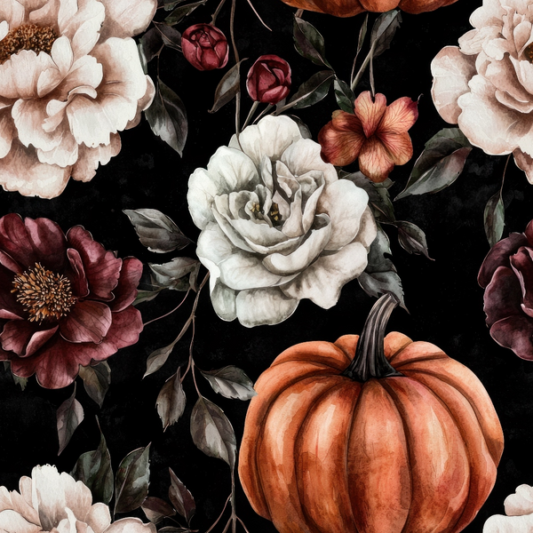 burgundy, orange, cream, blush pink, dark red, floral pattern, roses, peonies, pumpkin, autumn leaves, botanical design, moody floral, dark background, fall themed,, fabric panel, watercolor style, vintage flowers, seasonal motifs, october theme