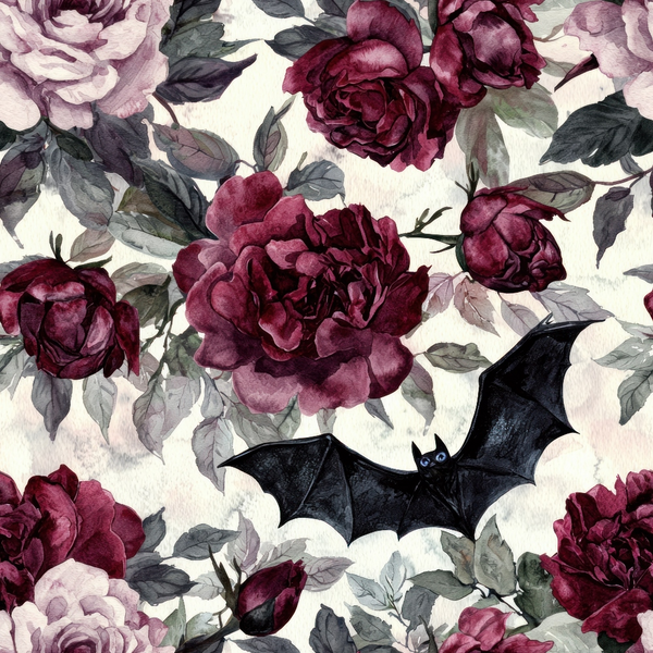 burgundy, deep red, maroon, purple, gray, cream, floral pattern, roses, peonies, bat, dark leaves, gothic floral, moody botanicals, autumn colors, october theme,, fabric panel, watercolor style, vintage florals, halloween elements, seasonal design