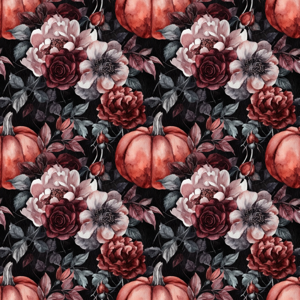 burgundy, deep red, coral, pink, black background, autumn flowers, peonies, roses, dahlias, pumpkins, fall foliage, botanical pattern, floral design, watercolor style, moody aesthetic,, fabric panel, october theme, autumn seasonal, repeating pattern, rich tones, vintage florals