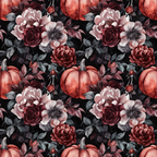 burgundy, deep red, coral, pink, black background, autumn flowers, peonies, roses, dahlias, pumpkins, fall foliage, botanical pattern, floral design, watercolor style, moody aesthetic,, fabric panel, october theme, autumn seasonal, repeating pattern, rich tones, vintage florals