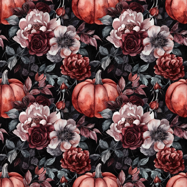 burgundy, deep red, coral, pink, black background, autumn flowers, peonies, roses, dahlias, pumpkins, fall foliage, botanical pattern, floral design, watercolor style, moody aesthetic,, fabric panel, october theme, autumn seasonal, repeating pattern, rich tones, vintage florals