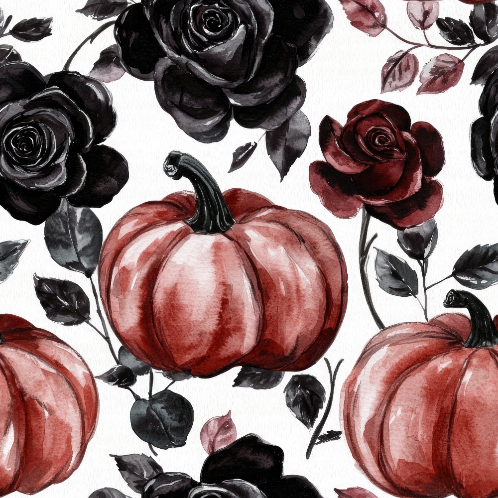 burgundy, black, maroon, deep red, charcoal, pumpkins, roses, floral, autumn, fall, watercolor style, botanical, gothic, moody,, fabric panel, seamless pattern, october, harvest, dark florals