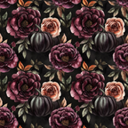 burgundy, deep purple, coral pink, black background, autumn florals, peonies, roses, dark pumpkins, fall leaves, botanical pattern, watercolor style, moody atmosphere,, fabric panel, october theme, seasonal motifs, floral arrangement, gothic florals, rich tones, repeating pattern
