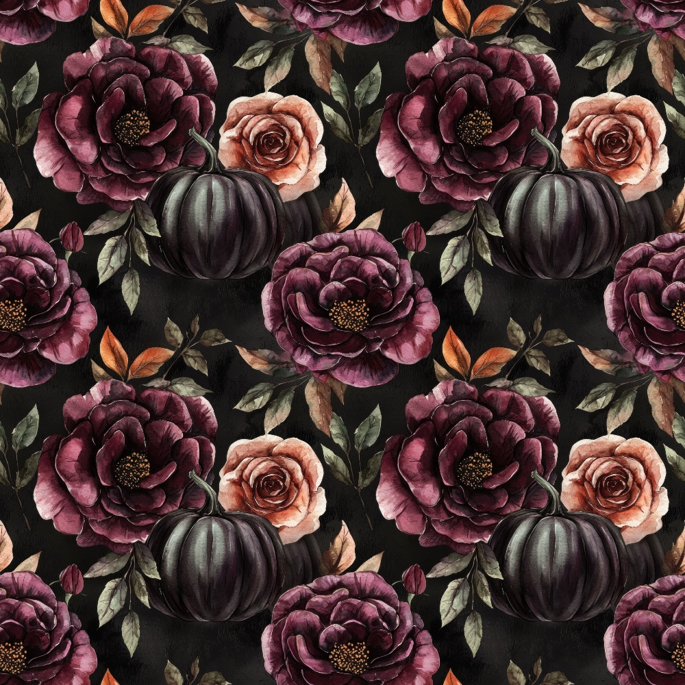 burgundy, deep purple, coral pink, black background, autumn florals, peonies, roses, dark pumpkins, fall leaves, botanical pattern, watercolor style, moody atmosphere,, fabric panel, october theme, seasonal motifs, floral arrangement, gothic florals, rich tones, repeating pattern