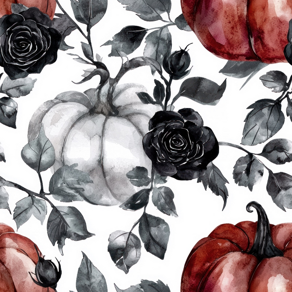 burgundy, red, black, gray, white, watercolor roses, pumpkins, autumn leaves, floral pattern, gothic roses, fall harvest, halloween decor,, fabric panel, watercolor style, seasonal motif, october theme, dark florals, harvest pumpkins, moody botanical