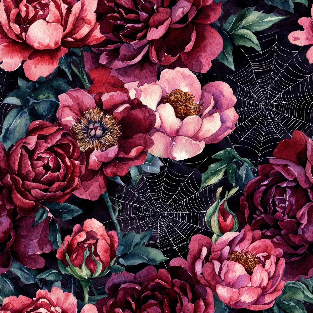 burgundy, deep red, pink, coral, dark purple, plum, teal, forest green, black background, watercolor flowers, peonies, roses, spider webs, floral pattern, autumn theme, october, gothic floral, moody botanical,, fabric panel, halloween florals, dark romance, vintage blooms, layered petals