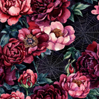 burgundy, deep red, pink, coral, dark purple, plum, teal, forest green, black background, watercolor flowers, peonies, roses, spider webs, floral pattern, autumn theme, october, gothic floral, moody botanical,, fabric panel, halloween florals, dark romance, vintage blooms, layered petals