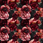 burgundy, deep red, coral pink, maroon, dark crimson, floral pattern, roses, peonies, blooms, spider webs, gothic florals, moody flowers, autumn colors, october theme,, fabric panel, watercolor style, layered petals, dramatic contrast, seasonal motifs