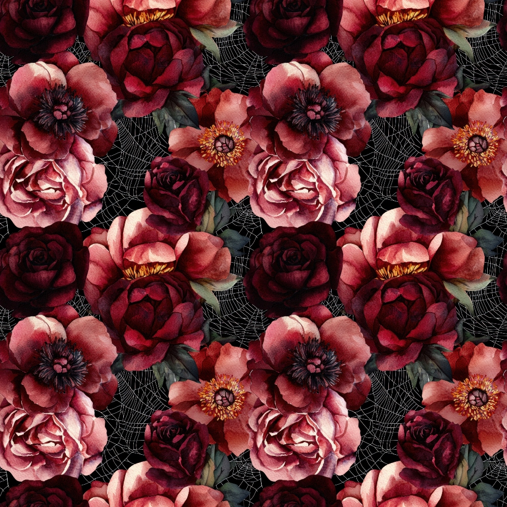 burgundy, deep red, coral pink, maroon, dark crimson, floral pattern, roses, peonies, blooms, spider webs, gothic florals, moody flowers, autumn colors, october theme,, fabric panel, watercolor style, layered petals, dramatic contrast, seasonal motifs