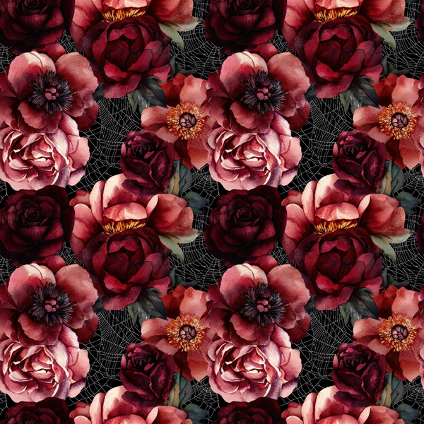 burgundy, deep red, coral pink, maroon, dark crimson, floral pattern, roses, peonies, blooms, spider webs, gothic florals, moody flowers, autumn colors, october theme,, fabric panel, watercolor style, layered petals, dramatic contrast, seasonal motifs