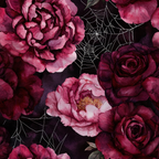 burgundy, deep pink, magenta, wine red, dark purple, watercolor florals, roses, peonies, spider webs, gothic floral, moody blooms, autumn flowers,, fabric panel, watercolor painting, dark romantic, october theme, layered petals, botanical art, halloween florals