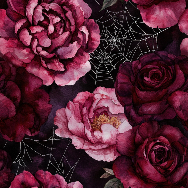 burgundy, deep pink, magenta, wine red, dark purple, watercolor florals, roses, peonies, spider webs, gothic floral, moody blooms, autumn flowers,, fabric panel, watercolor painting, dark romantic, october theme, layered petals, botanical art, halloween florals