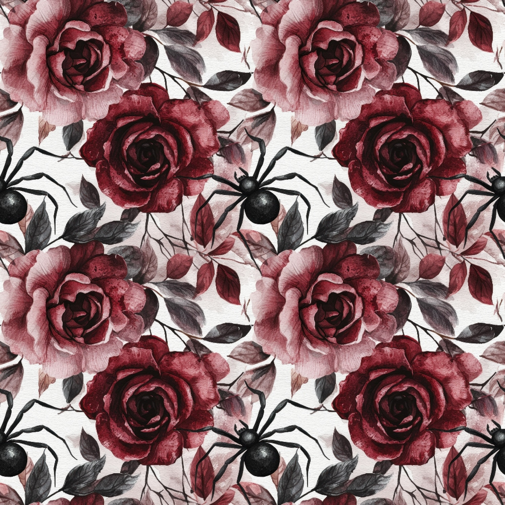 burgundy, deep red, maroon, pink, black, gray, roses, floral pattern, spiders, gothic, autumn, october, dark romance, watercolor style, seamless repeat,, fabric panel, moody florals, halloween theme, botanical design