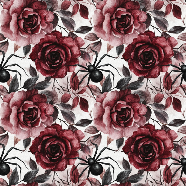 burgundy, deep red, maroon, pink, black, gray, roses, floral pattern, spiders, gothic, autumn, october, dark romance, watercolor style, seamless repeat,, fabric panel, moody florals, halloween theme, botanical design